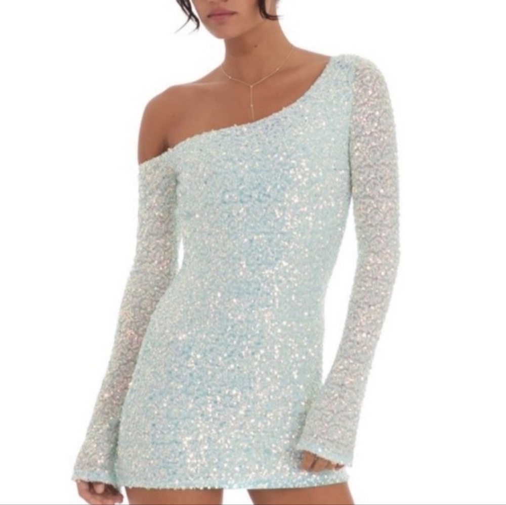 New Lucy In The Sky Sequin Bodycon Mini Dress In Mint Blue Size Large